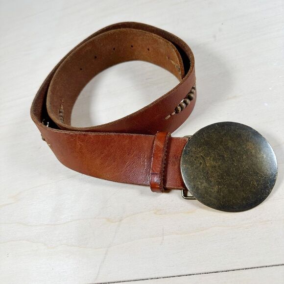 Old Navy Wide Brown Genuine‎ Leather Belt Beaded Plate Buckle - Women's Size S - Picture 9 of 9